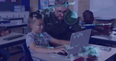 Kafkas erkek öğretmen ve öğrencilerin sınıflarında veri işleme animasyonu. eğitim, okul ve öğretim konsepti dijital olarak oluşturulmuş video.