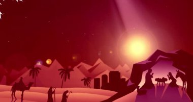 Üç kralın üzerinde kar taneleri ve kırmızı arka planda doğum sahnesi. Noel, gelenek ve kış kutlaması konsepti dijital olarak oluşturuldu.