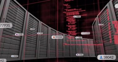 Sunucu odasında veri işleme ve ortam simgelerinin canlandırılması. küresel iş, finans, bağlantılar ve dijital arayüz konsepti dijital olarak oluşturulmuş video.