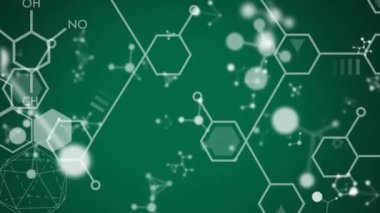 Yeşil arka planda kimyasal yapıların ve şekillerin canlandırılması. Tıbbi ve sağlık hizmetleri konsepti dijital olarak oluşturulmuş video.