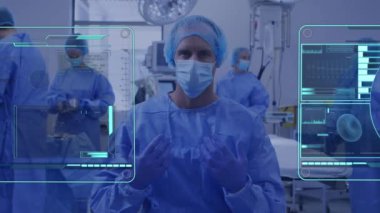 Yüz maskeli çeşitli doktorlarda veri işleme animasyonu. Dijital olarak üretilen pandemik konsept sırasında tıbbi ve sağlık hizmetleri.