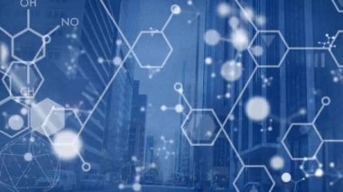 Şehirdeki kimyasal yapıların ve şekillerin animasyonu. Tıbbi ve sağlık hizmetleri konsepti dijital olarak oluşturulmuş video.