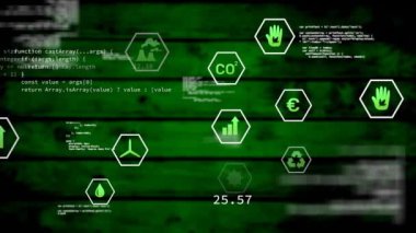 Ahşap arka planda veri işleme ve ekoloji simgelerinin animasyonu. küresel iş, finans, bağlantılar ve dijital arayüz konsepti dijital olarak oluşturulmuş video.