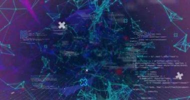 Siyah arkaplanda veri işleme ve şekillerin animasyonu. küresel iş, finans, bağlantılar ve dijital arayüz konsepti dijital olarak oluşturulmuş video.