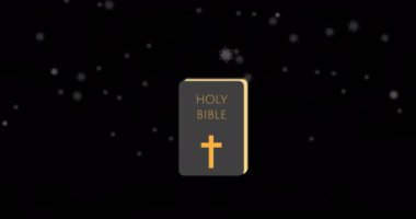 Siyah arka planda kar ve İncil animasyonu. Noel, gelenek ve kış kutlaması konsepti dijital olarak oluşturuldu.