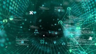 Dijital tünel üzerinde veri işleme ve ortam simgelerinin animasyonu. küresel iş, finans, bağlantılar ve dijital arayüz konsepti dijital olarak oluşturulmuş video.