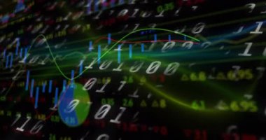 Veri işleme ve siyah arkaplan diyagramlarının animasyonu. küresel iş, finans, bağlantılar ve dijital arayüz konsepti dijital olarak oluşturulmuş video.