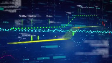 Mavi arkaplanda veri işleme ve diyagramlarının animasyonu. küresel iş, finans, bağlantılar ve dijital arayüz konsepti dijital olarak oluşturulmuş video.