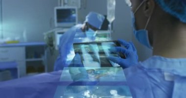 Ameliyat sırasında yüz maskesi takan çeşitli doktorların dijital ekranlarının animasyonu. Dijital olarak üretilen pandemik konsept sırasında tıbbi ve sağlık hizmetleri.