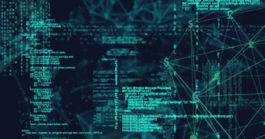 Mavi arkaplanda veri işleme ve ortam simgelerinin canlandırılması. küresel iş, finans, bağlantılar ve dijital arayüz konsepti dijital olarak oluşturulmuş video.