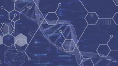 Mavi arka planda kimyasal yapıların ve DNA iplikçiklerinin canlandırılması. Tıbbi ve sağlık hizmetleri konsepti dijital olarak oluşturulmuş video.