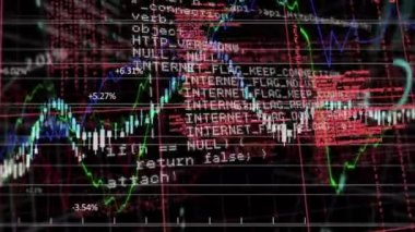 Veri işleme ve siyah arkaplan diyagramlarının animasyonu. küresel iş, finans, bağlantılar ve dijital arayüz konsepti dijital olarak oluşturulmuş video.