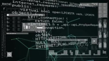 Veri işleme ve siyah arkaplan diyagramlarının animasyonu. küresel iş, finans, bağlantılar ve dijital arayüz konsepti dijital olarak oluşturulmuş video.