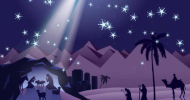 Üç kralın üzerinde kar taneleri ve mavi arka planda doğum sahnesi. Noel, gelenek ve kış kutlaması konsepti dijital olarak oluşturuldu.