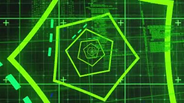 Siyah arkaplanda veri işleme ve şekillerin animasyonu. küresel iş, finans, bağlantılar ve dijital arayüz konsepti dijital olarak oluşturulmuş video.