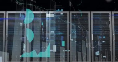 Sunucu odasındaki veri işleme ve diyagramın animasyonu. küresel iş, finans, bağlantılar ve dijital arayüz konsepti dijital olarak oluşturulmuş video.