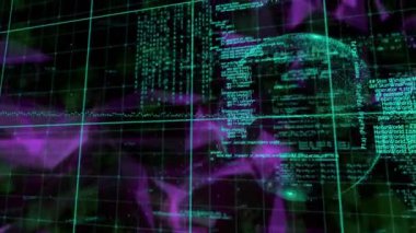 Veri işleme animasyonları ve siyah arkaplanda küre şekilleri. küresel iş, finans, bağlantılar ve dijital arayüz konsepti dijital olarak oluşturulmuş video.