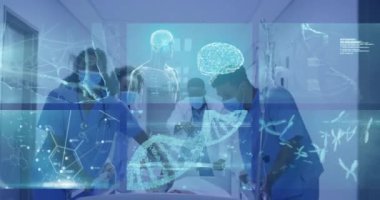 Muhtelif doktor ve maskeli hemşirelerin dijital ekranlarının animasyonu. Dijital olarak üretilen pandemik konsept sırasında tıbbi ve sağlık hizmetleri.