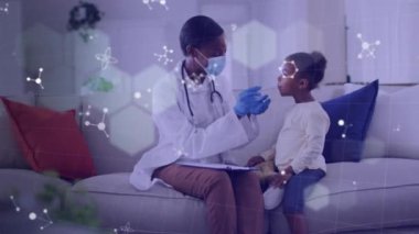 Kadın doktor yerine beyaz moleküllerin canlandırılması kız hastadan kovid 19 numune alınması. küresel covid 19 salgın hastalık ve sağlık hizmetleri konsepti dijital olarak oluşturulmuş video.