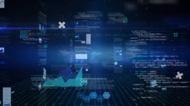 Veri işleme ve siyah arkaplan diyagramlarının animasyonu. küresel iş, finans, bağlantılar ve dijital arayüz konsepti dijital olarak oluşturulmuş video.