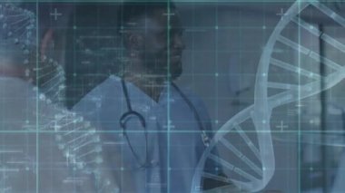 Afrika kökenli Amerikalı erkek doktorların DNA iplikçiklerinin konuşması. Tıbbi ve sağlık hizmetleri konsepti dijital olarak oluşturulmuş video.
