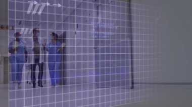 Kafkasyalı doktor ve maskeli hemşirelerin yürüdüğü kardiyogramın animasyonu. Dijital olarak üretilen pandemik konsept sırasında tıbbi ve sağlık hizmetleri.