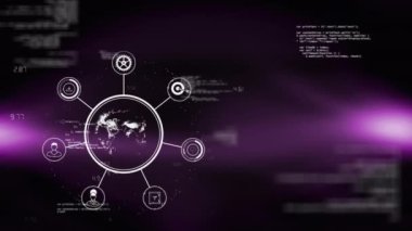 Veri işleme animasyonları ve siyah arkaplan üzerinde dünya olan medya simgeleri. küresel iş, finans, bağlantılar ve dijital arayüz konsepti dijital olarak oluşturulmuş video.