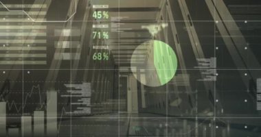 Sunucu odasındaki veri işleme ve diyagramın animasyonu. küresel iş, finans, bağlantılar ve dijital arayüz konsepti dijital olarak oluşturulmuş video.