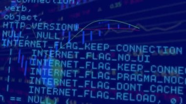 Mavi arkaplanda veri işleme ve diyagramlarının animasyonu. küresel iş, finans, bağlantılar ve dijital arayüz konsepti dijital olarak oluşturulmuş video.