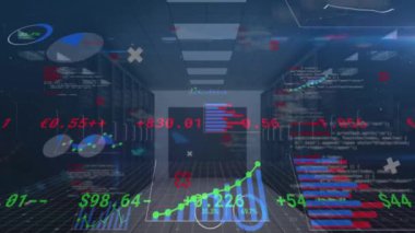 Sunucu odasındaki veri işleme ve diyagramın animasyonu. küresel iş, finans, bağlantılar ve dijital arayüz konsepti dijital olarak oluşturulmuş video.