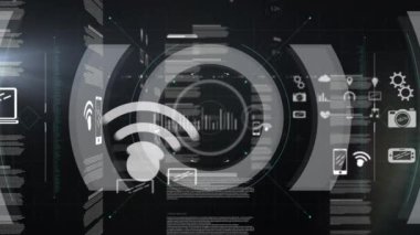 Siyah arkaplanda veri işleme ve tarama animasyonu. küresel iş, finans, bağlantılar ve dijital arayüz konsepti dijital olarak oluşturulmuş video.