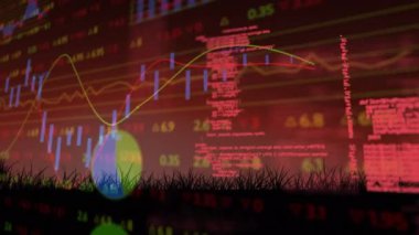 Veri işleme ve çim üzerindeki diyagramların animasyonu. küresel iş, finans, bağlantılar ve dijital arayüz konsepti dijital olarak oluşturulmuş video.