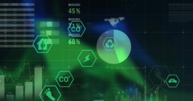 Siyah arkaplanda veri işleme ve ekoloji simgelerinin animasyonu. küresel iş, finans, bağlantılar ve dijital arayüz konsepti dijital olarak oluşturulmuş video.