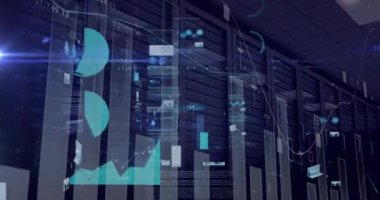 Sunucu odasındaki veri işleme ve diyagramlarının animasyonu. küresel iş, finans, bağlantılar ve dijital arayüz konsepti dijital olarak oluşturulmuş video.