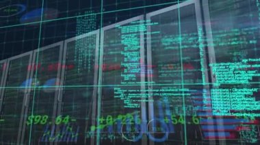 Sunucu odasındaki veri işleme ve diyagramın animasyonu. küresel iş, finans, bağlantılar ve dijital arayüz konsepti dijital olarak oluşturulmuş video.