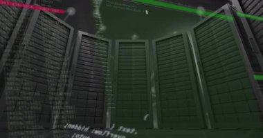 Sunucu odasında veri işleme animasyonu. küresel iş, finans, bağlantılar ve dijital arayüz konsepti dijital olarak oluşturulmuş video.