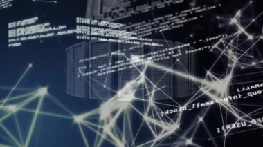 Siyah arkaplanda veri işleme ve sunucuların animasyonu. küresel iş, finans, bağlantılar ve dijital arayüz konsepti dijital olarak oluşturulmuş video.