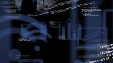 Siyah arkaplanda veri işleme ve ortam simgelerinin canlandırılması. küresel iş, finans, bağlantılar ve dijital arayüz konsepti dijital olarak oluşturulmuş video.