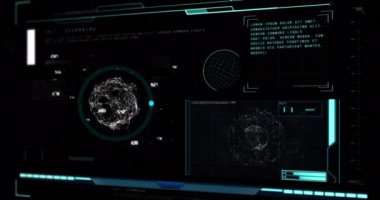 Siyah arkaplanda veri işleme ve küre animasyonu. küresel iş, finans, bağlantılar ve dijital arayüz konsepti dijital olarak oluşturulmuş video.