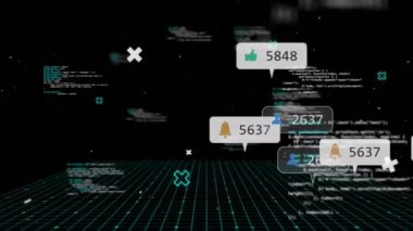 Siyah arkaplanda veri işleme ve ortam simgelerinin canlandırılması. küresel iş, finans, bağlantılar ve dijital arayüz konsepti dijital olarak oluşturulmuş video.
