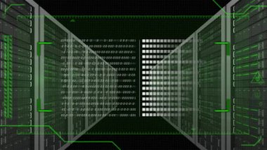 Sunucu odasında veri işleme animasyonu. küresel iş, finans, bağlantılar ve dijital arayüz konsepti dijital olarak oluşturulmuş video.