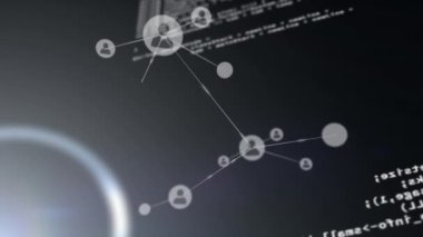 Siyah arkaplanda veri işleme ve ortam simgelerinin canlandırılması. küresel iş, finans, bağlantılar ve dijital arayüz konsepti dijital olarak oluşturulmuş video.