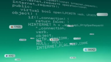 Yeşil arkaplanda veri işleme ve ortam simgelerinin canlandırılması. küresel iş, finans, bağlantılar ve dijital arayüz konsepti dijital olarak oluşturulmuş video.