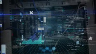 Sunucu odasındaki veri işleme ve diyagramın animasyonu. küresel iş, finans, bağlantılar ve dijital arayüz konsepti dijital olarak oluşturulmuş video.