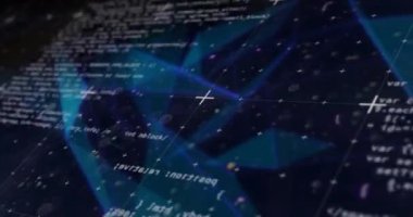 Siyah arkaplanda veri işleme ve şekillerin animasyonu. küresel iş, finans, bağlantılar ve dijital arayüz konsepti dijital olarak oluşturulmuş video.