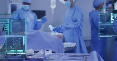 Ameliyat sırasında maske takan çeşitli doktorların veri işleme animasyonları. Dijital olarak üretilen pandemik konsept sırasında tıbbi ve sağlık hizmetleri.