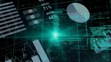 Veri işleme ve siyah arkaplan diyagramlarının animasyonu. küresel iş, finans, bağlantılar ve dijital arayüz konsepti dijital olarak oluşturulmuş video.
