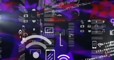 Siyah arkaplanda veri işleme ve ortam simgelerinin canlandırılması. küresel iş, finans, bağlantılar ve dijital arayüz konsepti dijital olarak oluşturulmuş video.