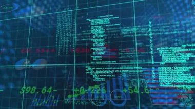 Veri işleme ve siyah arkaplan diyagramlarının animasyonu. küresel iş, finans, bağlantılar ve dijital arayüz konsepti dijital olarak oluşturulmuş video.