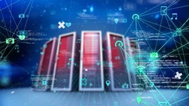 Sunucu odasında veri işleme ve ortam simgelerinin canlandırılması. küresel iş, finans, bağlantılar ve dijital arayüz konsepti dijital olarak oluşturulmuş video.